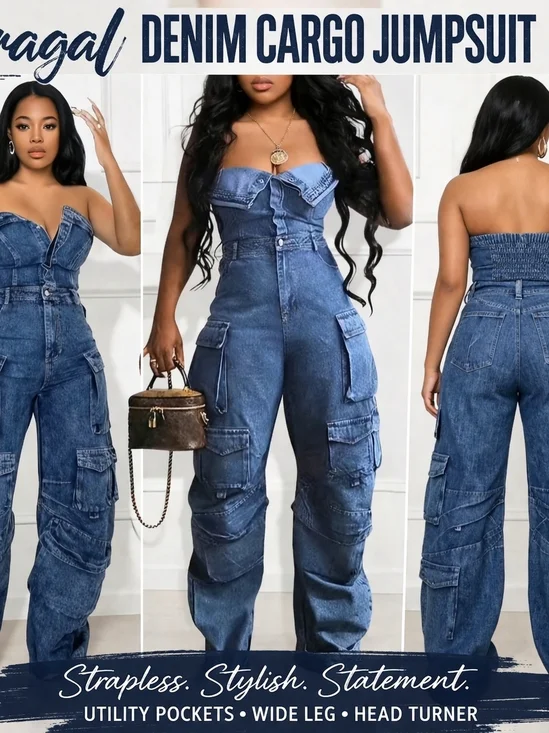 Loragal Denim Cargo Jumpsuit 3X Strapless Utility Wide Leg Statement Piece - Picture 1 of 3